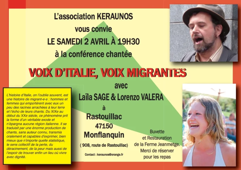 Conférence chantée « Voix d’Italie, voix migrante » à Rastouillac !